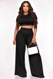 Casual Solid Color Open Umbilical Short Top High Waist Loose Straight Pants 2 Piece Set