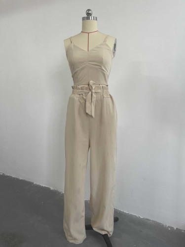V-neck short vest with lace up high waist patch pocket straight pants casual suit