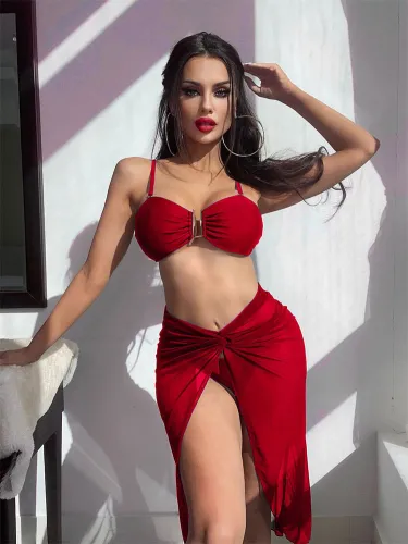 Split Swimwear Women's 3-piece Mesh Solid Mesh Red Bikini Sexy Swimwear