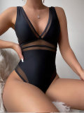 Solid color woven one piece swimsuit