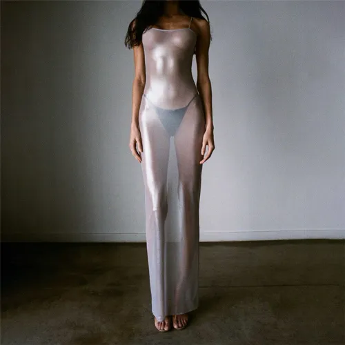 Fashion Spicy Girl Sexy Perspective Mesh Hot Silver Slim Fit Slim Dress