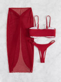 Split Swimwear Women's 3-piece Mesh Solid Mesh Red Bikini Sexy Swimwear