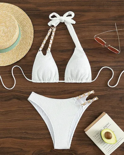Strap High Waist Split Swimwear Women's Chain Buckle Neck Bikini Swimwear