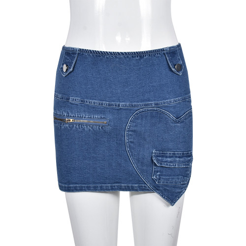 Women's Denim Skirt Summer New Fashion Features Love Zipper Wash Elastic Skirt