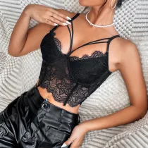 Hollow lace eyelash steel ring fishbone short design feel tank top