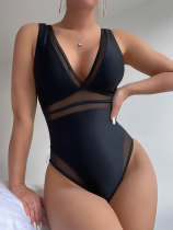 Solid color woven one piece swimsuit