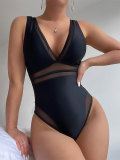 Solid color woven one piece swimsuit
