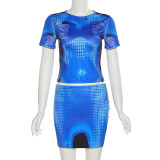 Fashion 3D printing short sleeve slim fitting short skirt set