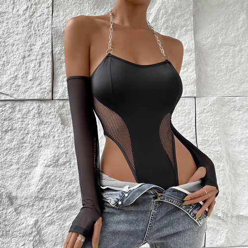 Milk Silk Mesh Panel Off Shoulder Chain Neck Hanger Design Feels Small and Slim One Piece