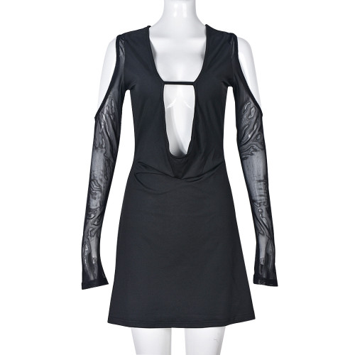 Dress V-neck cut-out mesh sleeve one-step skirt