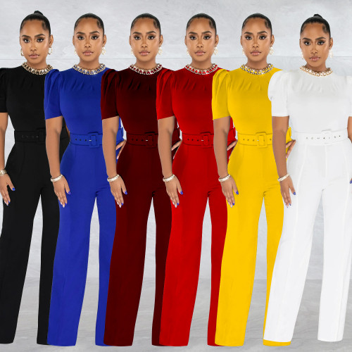 Fashion Women's Solid Color Belt Chain Short Sleeve Pants Jumpsuit