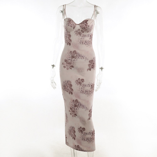 Strap Show Breast Flower Print Long Dress Temperament Slim Fit Waist Dress