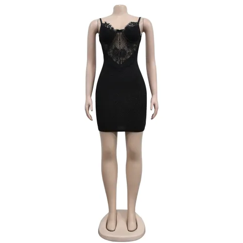 Fashion Women's Solid Color Sleeveless Short Skirt Flower Mesh Shoulder Strap Dress