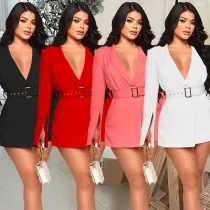Fashion Women's Solid Color Belt V-Neck Long Sleeve Shorts Jumpsuit