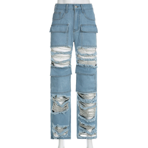 Women's Fashion Pocket Panel Cutout Hole Beggar Style Street Casual Straight Barrel High Waist Jeans
