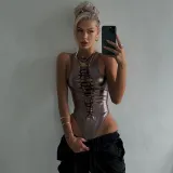 Tight sexy cut-out U-neck strapping metallic jumpsuit