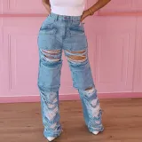 Women's Fashion Pocket Panel Cutout Hole Beggar Style Street Casual Straight Barrel High Waist Jeans