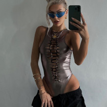 Tight sexy cut-out U-neck strapping metallic jumpsuit