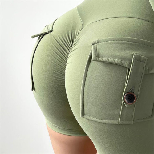 Honey Peach Hip Work Suit Tight Shorts Women's High Waist Elastic Hip Lift Button Yoga Pants Quick Dry Running Fitness Pants