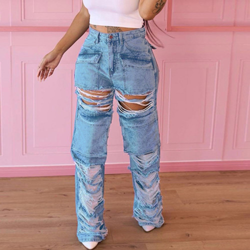 Women's Fashion Pocket Panel Cutout Hole Beggar Style Street Casual Straight Barrel High Waist Jeans