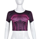 Hollow out digital ripple exposed navel short sleeved top T-shirt