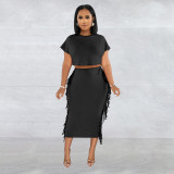 Women's solid color fringed round neck short sleeve long skirt two-piece set