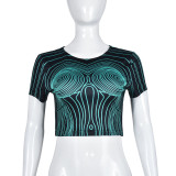 Hollow out digital ripple exposed navel short sleeved top T-shirt