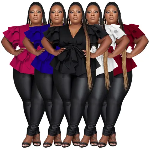 Large Women's Casual Versatile V-neck Ruffle Sleeve Pleated Shirt Top