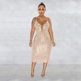 Women's solid color suspender sleeveless mesh hot diamond long dress