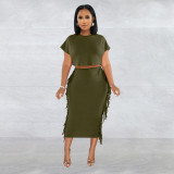 Women's solid color fringed round neck short sleeve long skirt two-piece set