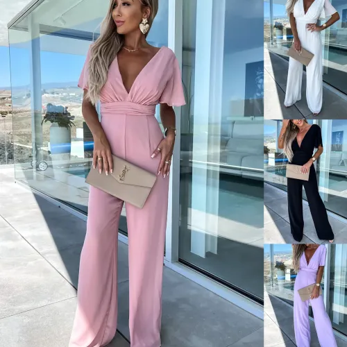 V-neck casual short sleeve dress loose holiday wide leg jumpsuit