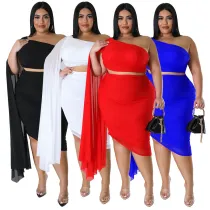 Fashion women's high elastic diagonal collar long train sleeve wrinkled two-piece set