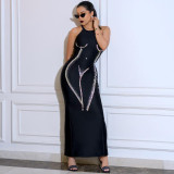 Hollow out round neck hot pressed diamond sleeveless sexy long dress