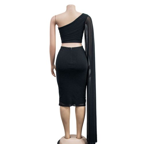 Fashionable women's solid color sleeveless shoulder drape short skirt two-piece set