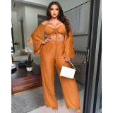 Women's solid color wrinkled long sleeved pants two-piece set
