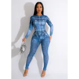 Women's fake denim printed long sleeve pants jumpsuit