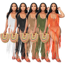 Women's long tassel hollowed out knitted one piece swimsuit