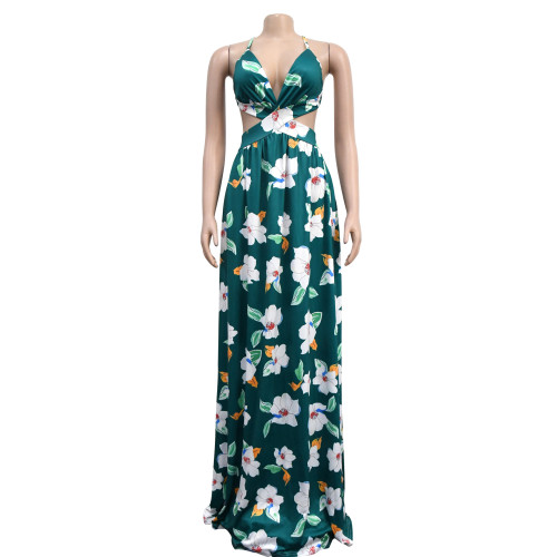 Women's floral print sleeveless suspender long dress