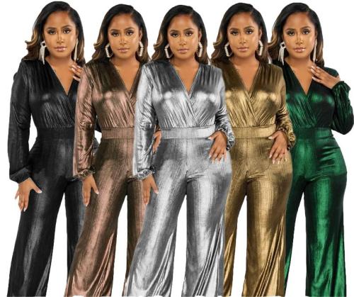 Sexy V-neck high elastic gold and silver ironing women's jumpsuit