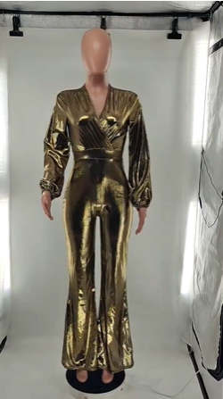 Sexy V-neck high elastic gold and silver ironing women's jumpsuit