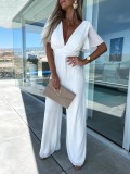 V-neck casual short sleeve dress loose holiday wide leg jumpsuit