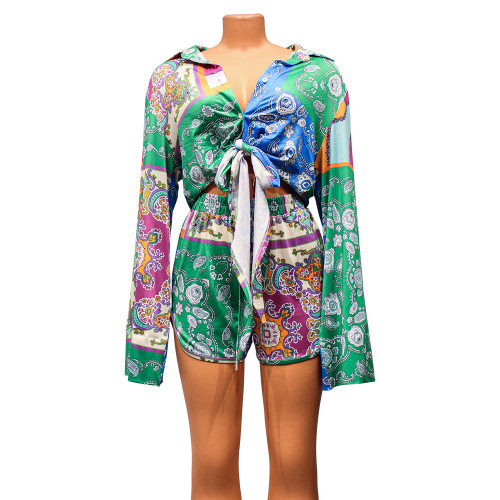 Women's comfortable casual printed long sleeved shorts, women's two-piece set