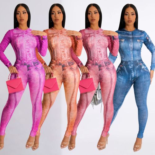 Women's sexy tight fitting printed jumpsuit two-piece set
