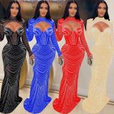 Women's Sexy Mesh Hot Diamond Perspective Long Sleeve Women's Dress Dress