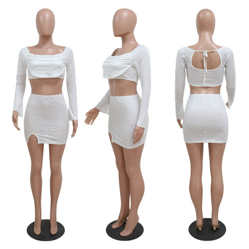 Fashion two-piece sexy off shoulder long sleeved short top paired with a split skirt