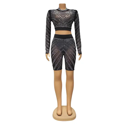 Women's Sexy Tight Mesh Perspective Long Sleeve Hot Diamond Two Piece Pant Set