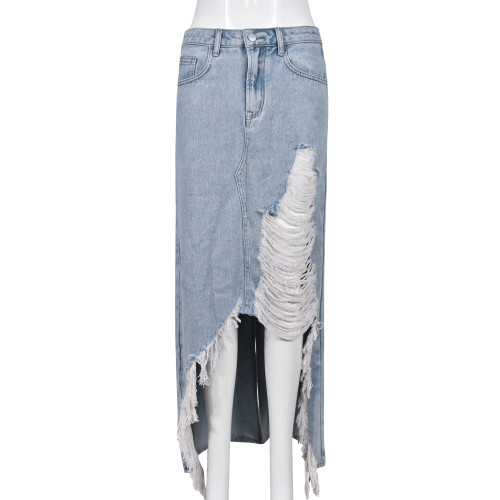 Fashionable and Personalized Denim Wash Pocket Split Tassel Skirt
