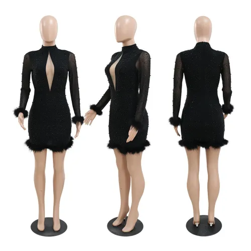 Women's mesh hot diamond long sleeved party dress