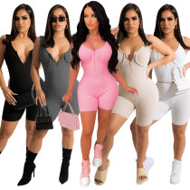 Fashionable, Sexy, Casual V-Neck Zipper Back Leakage Tight Solid Color jumpsuit