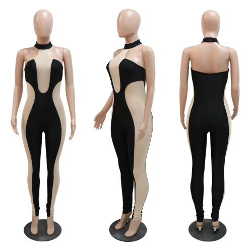 Hanging neck, backless mesh panel, contrasting color tight, hip lifting jumpsuit without sleeves